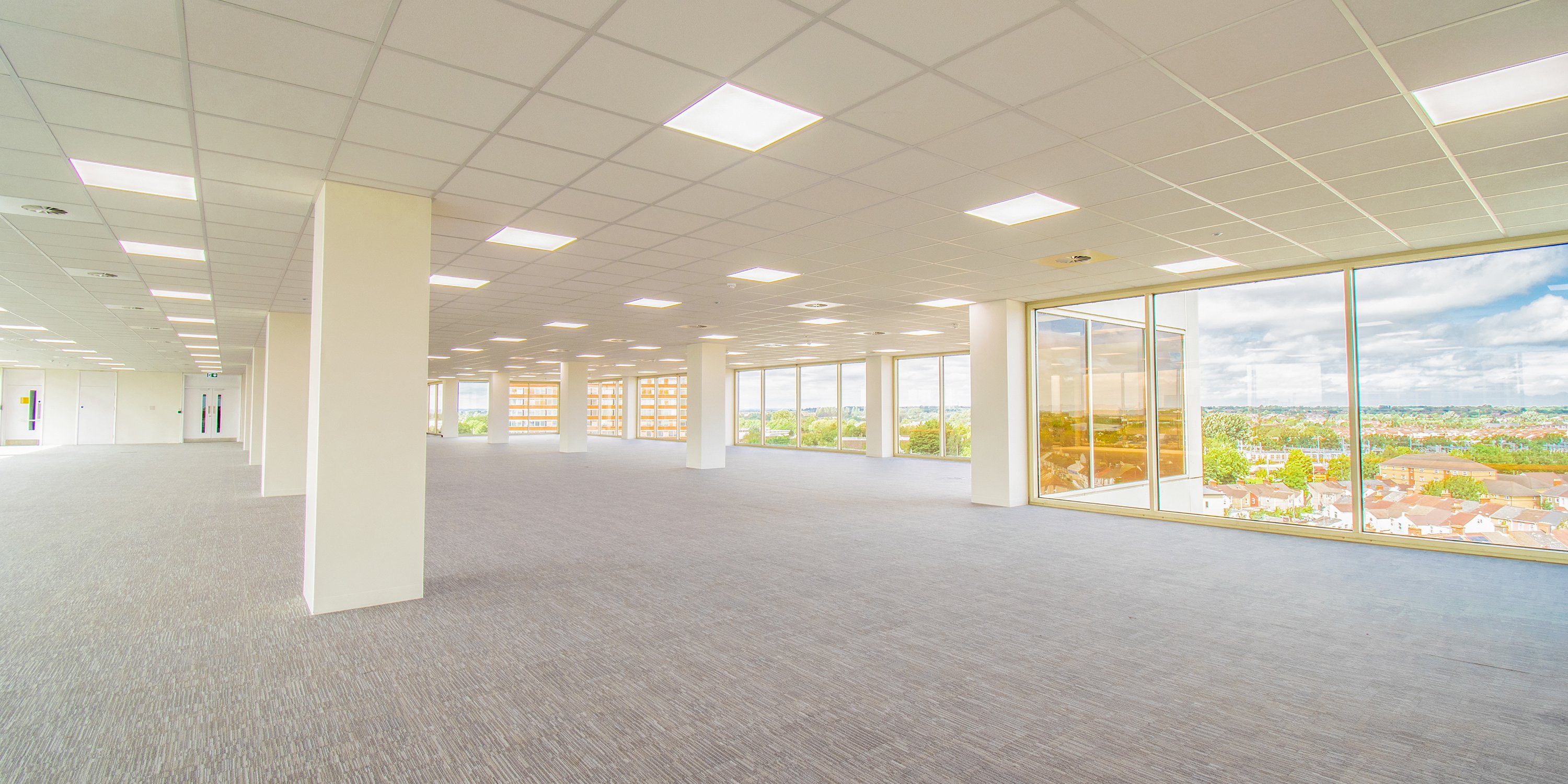 Interior shot of open plan 7th floor in 3 Newbridge Square overlooking Swindon town centre