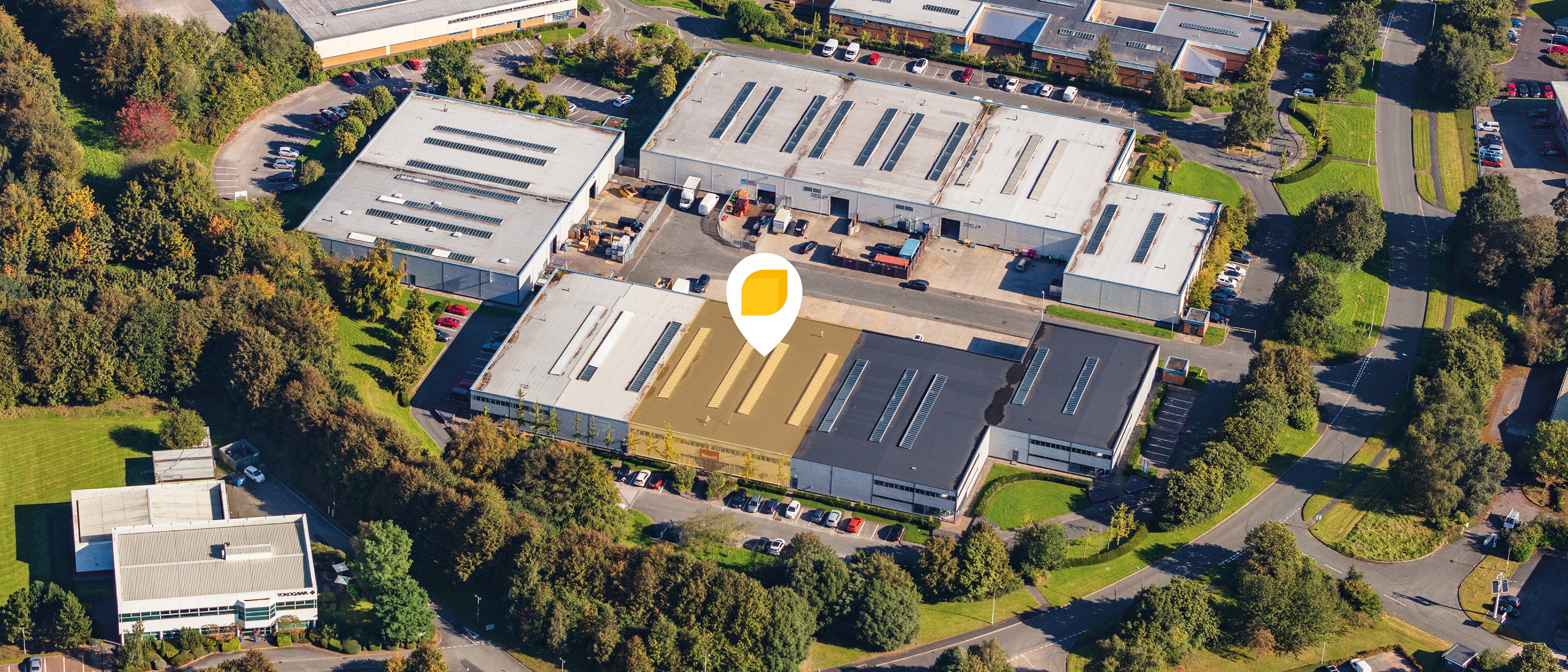 Aerial shot of Christleton Court with Unit 3 highlighted