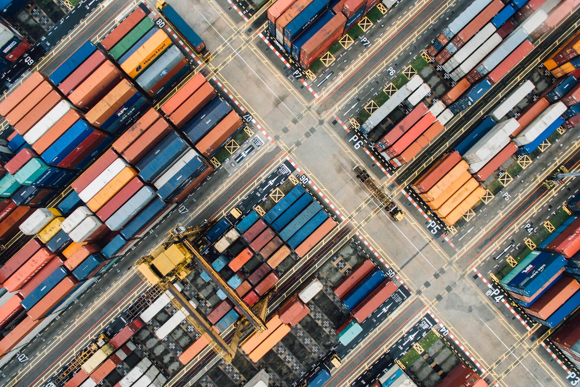 Aerial shot of shipping containers in port